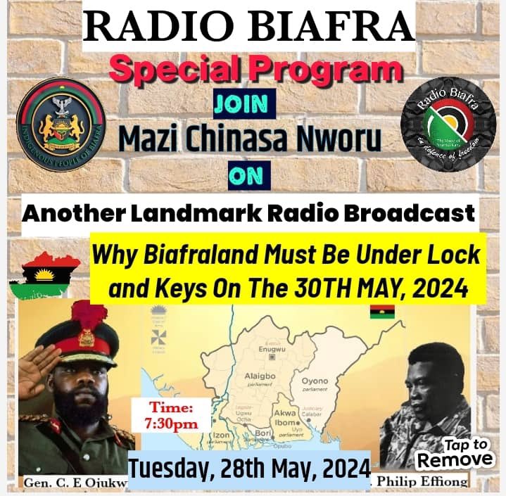 Just In ! Radio Biafra Special Program Join Mazi Chinasa Nworu on another landmark Radio Broadcast on why #Biafraland must be under lock and keys on 30th MAY 2024. Time 7:30pm Date -Tuesday , 28th May , 2024 #biafraheroesday30thmay2024 #biafraheroesandheroineday