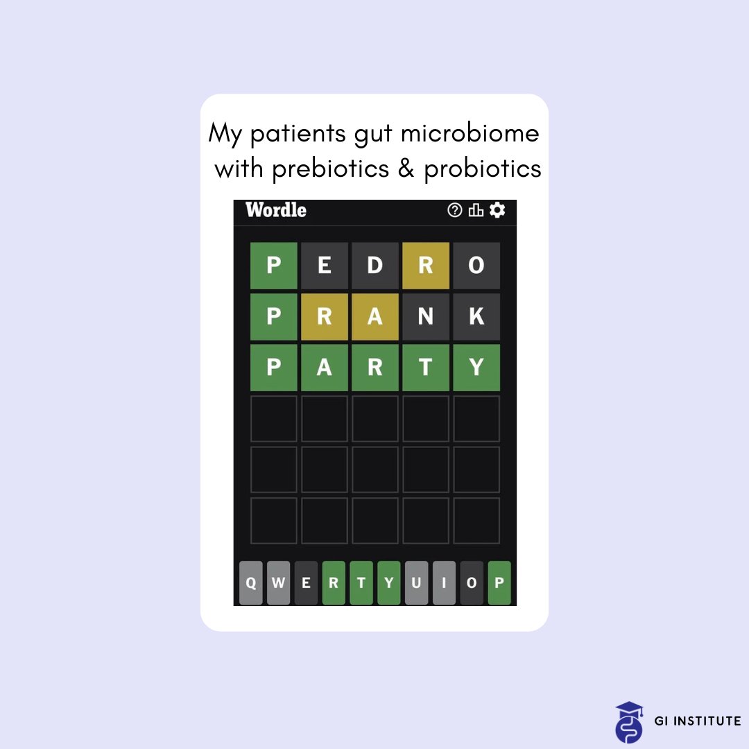 Comment a big YES if you have seen success with gut-health patients with the addition of prebiotics, probiotics, or maybe even both! 🙋‍♀️🙋‍♂️

#prebiotics #probiotics #giinstituteglobal #guthealth #wordle #guthealtheducation #digestivehealth #healthprofessional #gidietitian