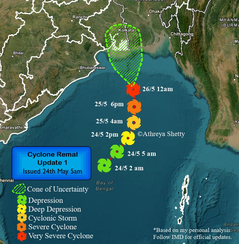 #CycloneRemal Update 1 ⚠️ Current analysis shows that WML over cental Bay has intensified into a Depression. Will steadily track NE thru today and intensify into DD by this evening & then rapidly into Cyclone Remal by early tomorrow 🌀 Once this happens, it will recurve