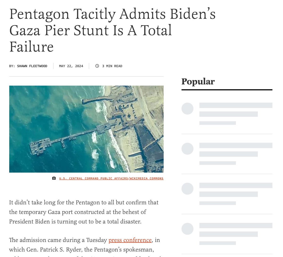 I actually said this was a horrible idea when it was first announced and I warned the U.S was sitting our military up for another Blackhawk Down! Headline: Pentagon Tacitly Admits Biden’s Gaza Pier Stunt Is A Total Failure 12ft.io/proxy
