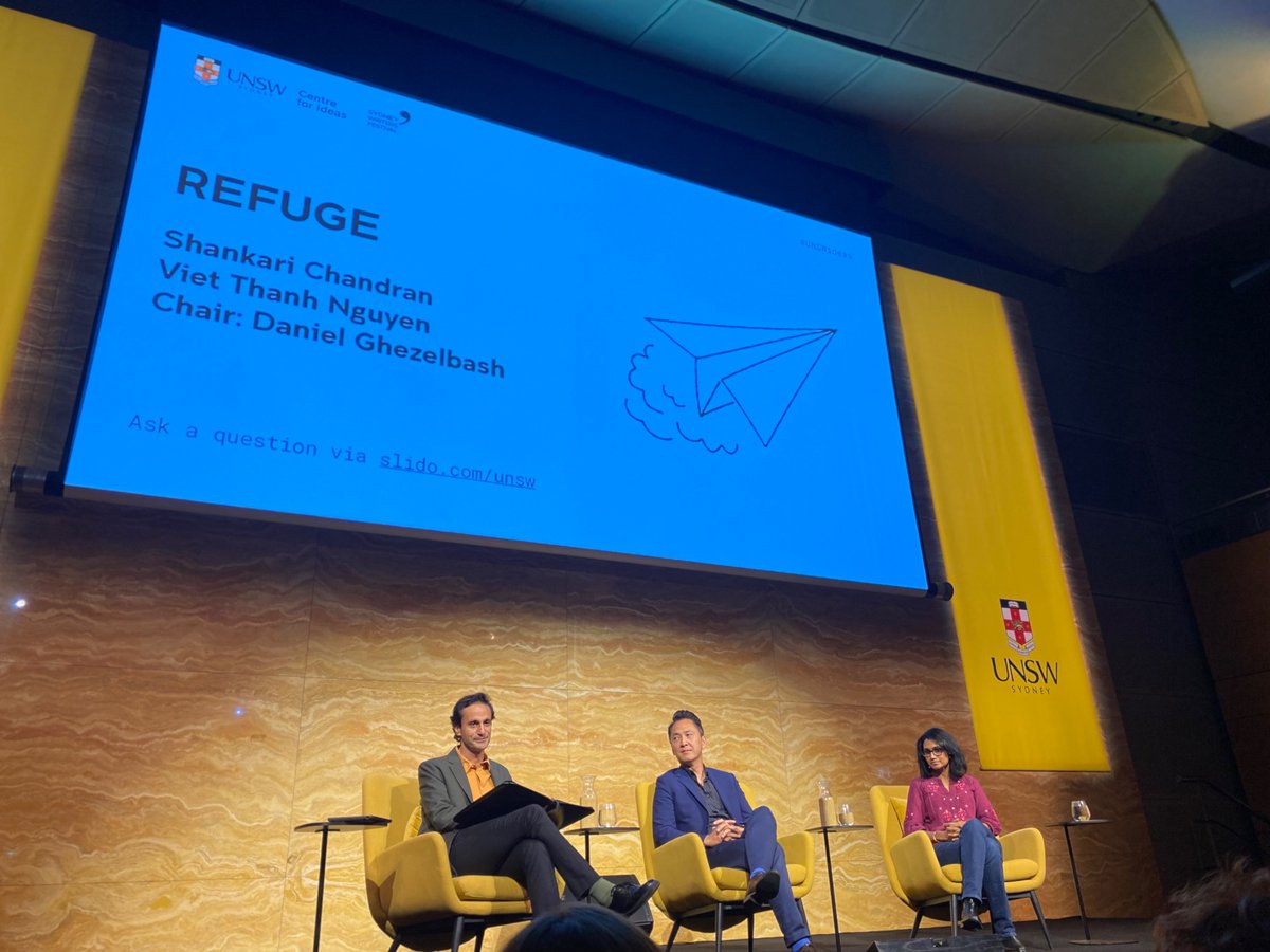 An engaging evening with @KaldorCentre‘s @DanGhez in conversation with Viet Thanh Nguyen and Shankari Chandran at @SydWritersFest about the imprint of the refugee experience, refugee stories and how we all write our way home. 🤍