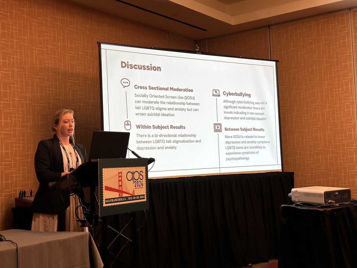 Fantastic #aps24sf talk from @KylieWoodman1 and her @MediaNeuro colleagues investigating relationships between social media use, LGBTQ teens, and mental health risks. Following @pmvalkenburg suggestions, the work examines both between- and within-person effects over time