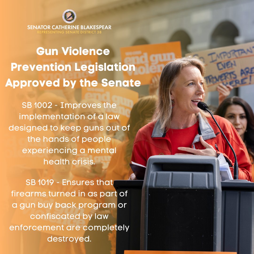 Glad to report that the Senate has approved two of my gun safety bills on a 37-0 vote! #SB1002 keeps guns out of the hands of people with mental health crises, and #SB1019 ensures guns turned in for gun buybacks are completely destroyed. @bradybuzz @Everytown @MomsDemand @GvpSd4