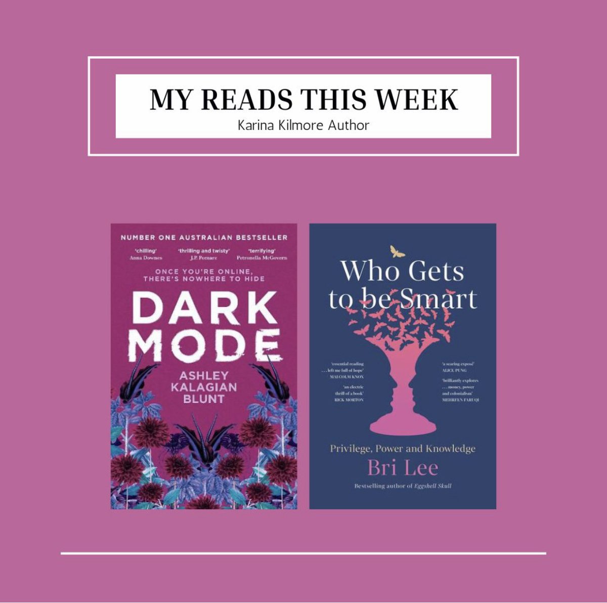 KilmoreKarina's tweet photo. The colour purple says it all for these two great takes on women navigating the world.
#DarkMode @AKalagianBlunt
@ultimopress
#WhoGetsToBeSmart #BriLee
@AllenAndUnwin
About me: I’m a crime writer and a reader of everything! I also chair Australian Crime Writers Assoc. https://t.co/lBNDcoNilt