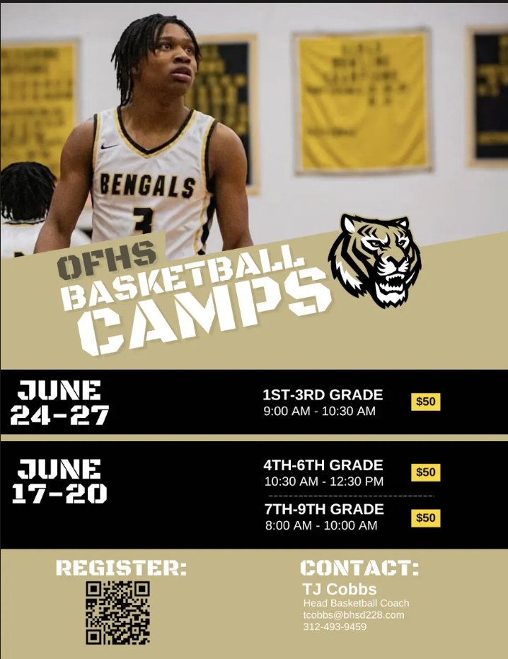 OFHS Basketball Camps are coming up soon, so you know that means it's time to register! 1st-3rd grade is June 24-26, 4th-6th grade & 7th-9th grade are June 17-20. It's a great opportunity to learn some awesome basketball skills! #TheBengalWay @OFHSAthletics @cityofoakforest