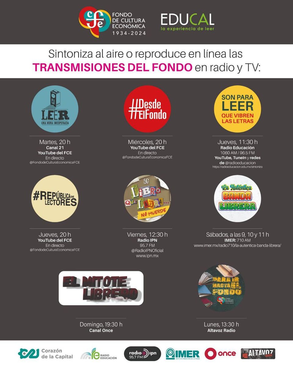 <a href="/FCEMexico/">Fondo de Cultura Económica</a> llega a toda la #RepúblicaDeLectores! 🤩

De lunes a domingo disfruta de los programas que tenemos para ti. 📅

Puedes seguir su transmisión en las diversas plataformas y medios de difusión (radio, televisión, redes sociales). 📺📻💻

#LeerTransforma