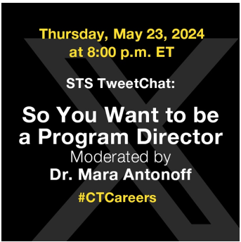Hi, Everyone!  I’m @maraantonoff, and I’ll be moderating our #CTCareers TweetChat today, on aspects of being a Program Director in #CTSurgery. We’ll start in 5 min!