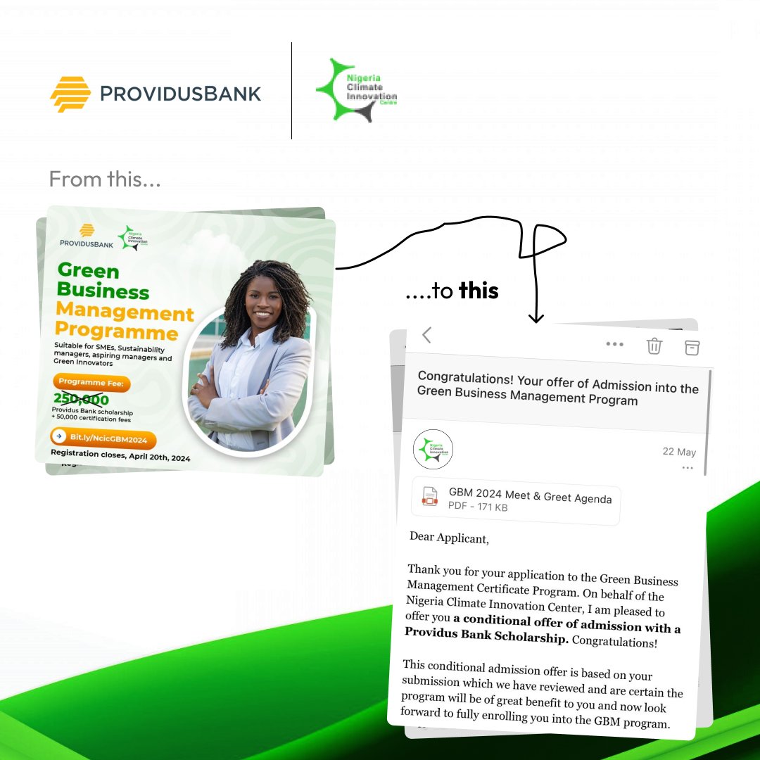 Happy to announce that I have received a @ProvidusBank  Scholarship to study Green Business Management at the Nigeria Climate Innovation Center (@nigeriacic). 

Read more about the program here: nigeriacic.org/green-business…

#Milestones #Growth #GreenBusiness