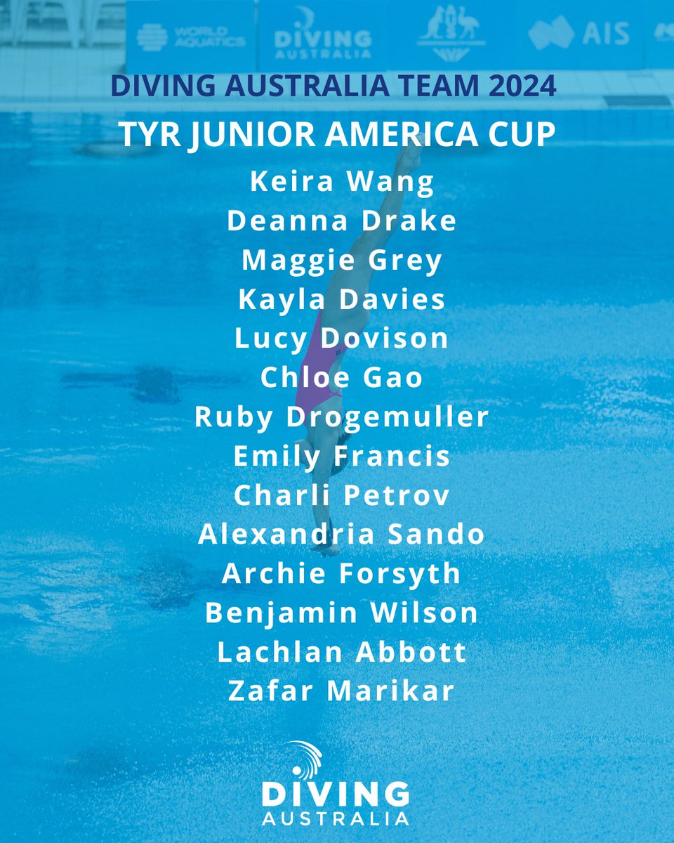 DivingAUS's tweet photo. 📣 🇦🇺 TEAM ANNOUNCEMENT 📣

14 of our Australian youth athletes have ventured to the TYR Junior America Cup in Mission Viejo, CA 💪💪
For live scores 👉 https://t.co/KeDHt04ZiW
Livestream 👉 https://t.co/Mo3zluUQy9 https://t.co/gt3drVYbcZ