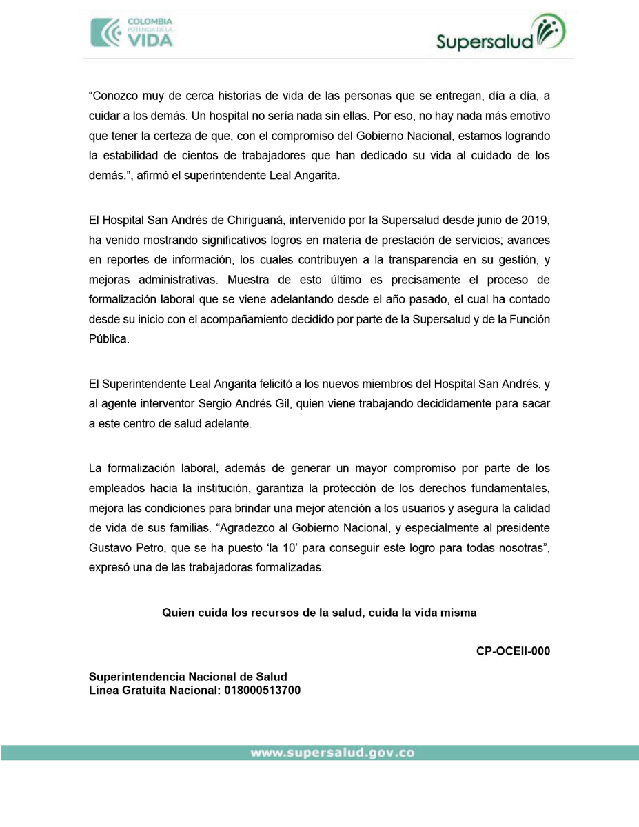 HrsaChiriguana's tweet photo. #HRSATeInforma🗣️ | @supersalud #Comunicado | El Hospital San Andrés, intervenido por la Supersalud desde junio 2019, ha venido mostrando significativos logros en materia de prestación de servicios, los cuales contribuyen a la transparencia en su gestión, y mejoras administrativas https://t.co/xEyXyQn90E