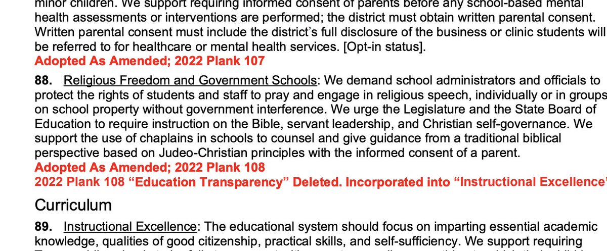 ‼️‼️The Texas GOP's proposed 2024 platform urges lawmakers/the State BOE to 'require instruction on the Bible, servant leadership and Christian self-governance.' Also adds Jefferson's Letter to Danbury Baptists - a favorite of David Barton - to 'original docs' to study. #txlege