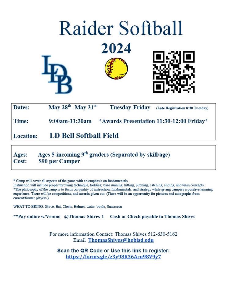 5 DAYS until CAMP!! It's time to get ready for a great week of softball. Registration continues through Memorial Day, and In-person Registration and those paying with Cash/Check is 8:15-8:45 Tuesday morning. All Campers will meet in the Indoor. Camp starts at 9:00.