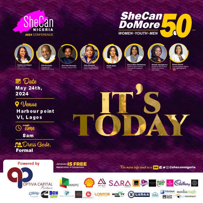 The countdown is finally over! Hurray! 🥳🥳🥳

SheCan Do More 5.0 is Today! We are excited that lives will be impacted and thousands will be empowered today.

Join us today at;
Venue: Harbor Point Event Center, Victoria Island, Lagos
Time: 8am

See you there... ☺️