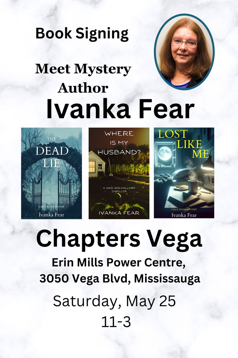 Join me in Chapters Vega Mississauga on Saturday. #booksigning #authorevent #mysterybooks #thrillerbooks #canadianfiction #crimewriterscan #itwdebuts