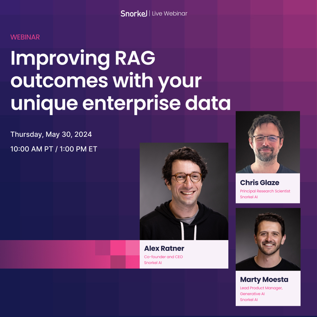 🚀 Ready to transform AI projects into production-grade applications? Join Snorkel’s upcoming webinar on “RAG optimization with enterprise data” to gain valuable insight into the latest research and emerging practices for end-to-end RAG tuning. Register! hubs.li/Q02xZfb70