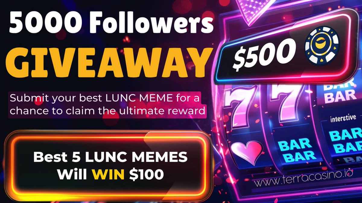 🚀 We're celebrating 5000 followers with a massive giveaway! 🎉 Submit your best LUNC meme for a chance to win big. The top 5 LUNC memes will each win $100 

#LUNC #CryptoCasino #CryptoGiveaway #BNB📷 #BTC📷 #ETH #DOGE #LUNC #USTD #USDC #MATIC #Crypto #Casino #OnlineBetting