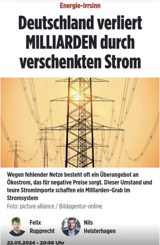 Just in: Germany loses BILLIONS from wasted electricity

“There is often an oversupply of green electricity which leads to negative prices. This, plus expensive electricity imports are creating a grave worth billions”

It only we had a buyer to monetize that wasted green energy