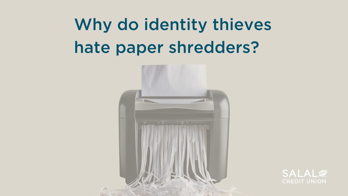 SalalCU's tweet image. Learn how the paper shredder is one of our best tools for preventing identity theft: bit.ly/3wL1Fmu  

#FraudPrevention #IdentityTheftAwareness #Shredding