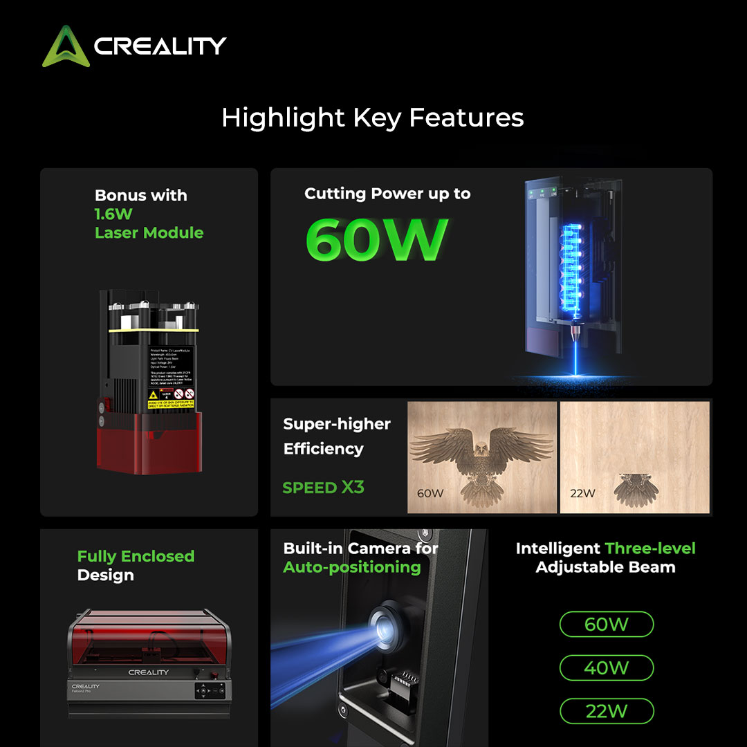 Pro-safe Laser Engraver & Cutter, #Creality Falcon2 Pro 60W Now available 🛒 to.store.creality.com/sns-falcon2-pr… 💰15% off + 10% cashback. 🚀60W Super Cutting Power, 3-in-1 Adjustable Laser Beam. 🔍1.6W Laser Module #falcon2pro60w #laserengraver #falconlaser #laserengraving #customfitting
