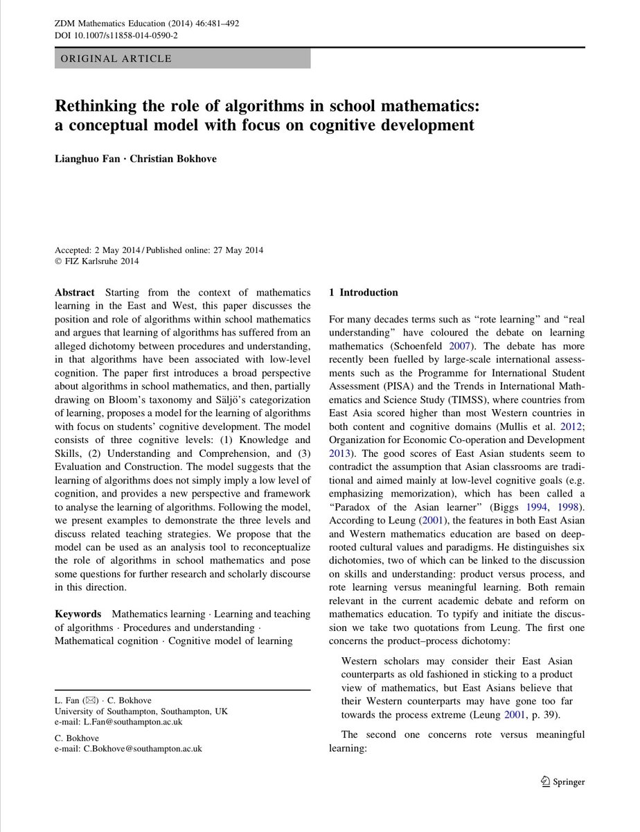 This paper focuses on math algorithms and proposes a model for linking algorithms to higher order thinking. The authors contend that algorithms should be seen as an essential part of developing deeper mathematical understanding. researchgate.net/publication/27…
