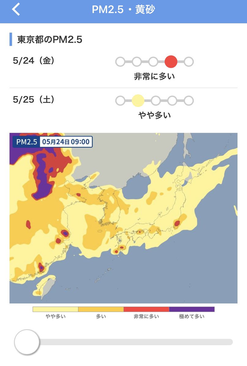 花粉飛散はおおかた終わった筈なのに、GWあたりからまた、くしゃみ鼻水、目がショボショボ😭
鼻が調子悪いと頭痛も起こるので、花粉時期、多めに処方して貰った薬で忍んでいる。
まぁ通年アレルギーですが、天気アプリで調べたら…PM2.5かー！
空、霞んでるのもそれ？
洗濯物、はたいて入れなきゃな💦