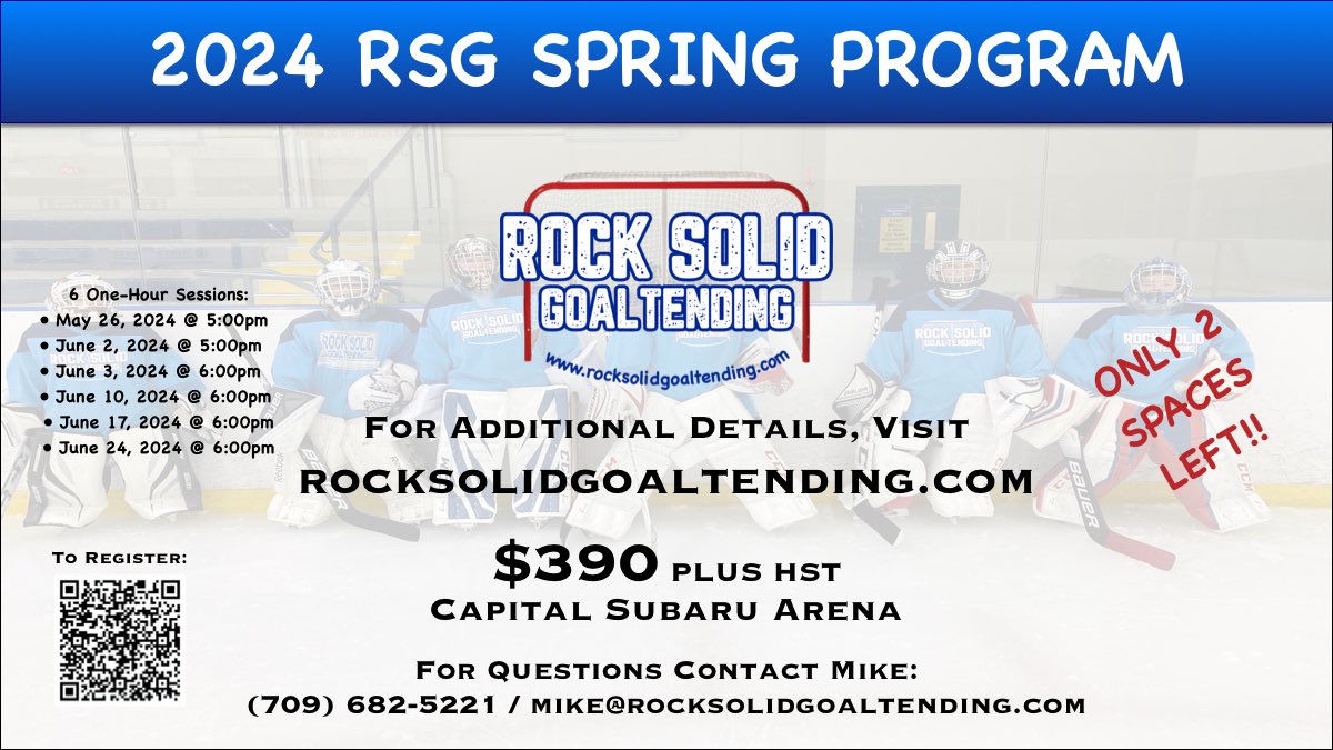 RSGoaltending's tweet image. Our 2024 Spring Program starts this Sunday!! We only have 2 open spaces so act quickly to secure your spot!! #RockSolid #GoalieDevelopment