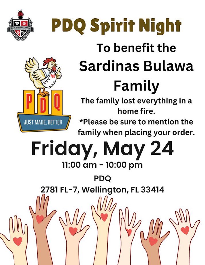 One of our school families recently lost their home and everything inside in a fire. We have put together a spirit night at PDQ to benefit the family. On Friday at the PDQ in Wellington mention our fundraiser at check out and part of the proceeds will benefit the family.