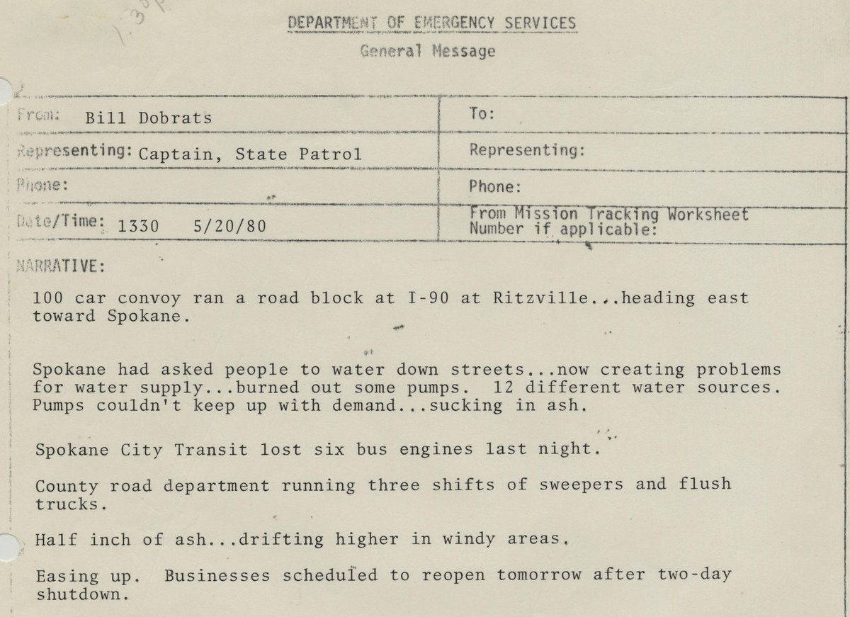 We continue working through the minute-by-minute reports that were coming into the Department of Emergency Services following the May 18, 1980 eruption of Mount St. Helens. Two days after the blast, a 100-car convoy ran through a @wastatepatrol road block heading to #Spokane.