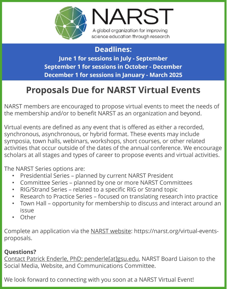 Have a great idea for a virtual event? We want to hear about it! Deadline for this quarter is DECEMBER 1, so submit your proposal now: narst.org/virtual-events….