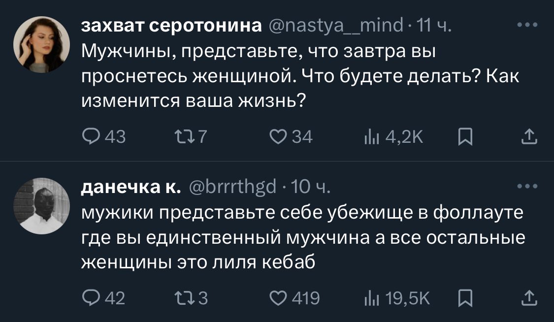 Мужики, представьте, завтра вы просыпаетесь Лилей Кебаб в убежище в фоллауте, где вы единственная женщина, а все остальные - Лили Кебаб, проснувшиеся мужчинами. Что будете делать? Как изменится ваша жизнь? Я Светлана Богачева, всем кот ✌️