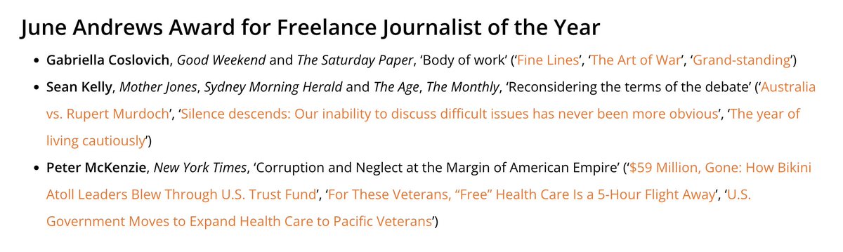 Honoured to make the finalists for the June Andrews Award for Freelance Journalist of the Year, for pieces tackling some of the failures in our national conversation. And good luck to excellent journalists Gabriella Coslovich and @PeterTMcKenzie ! walkleys.com/2024-mid-year-…