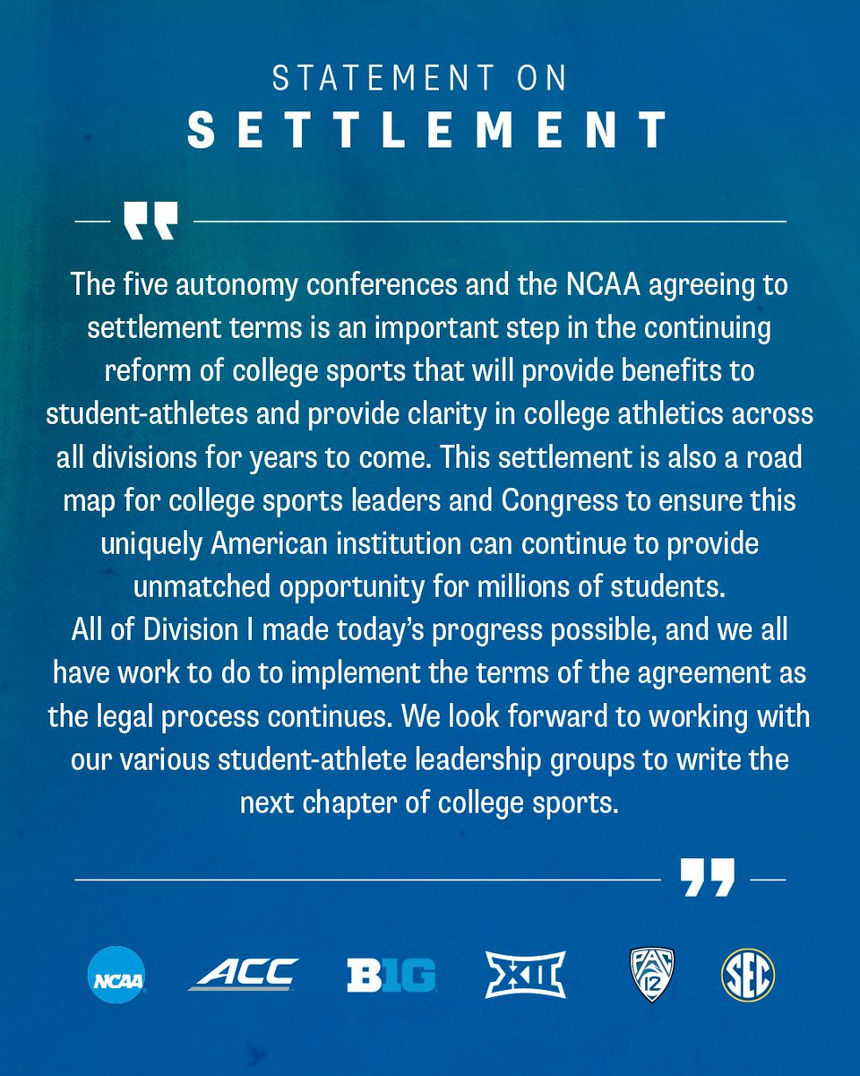 Pay day The NCAA and commissioners of the Power 5 release a joint statement on the House settlement cbssports.com/college-footba…