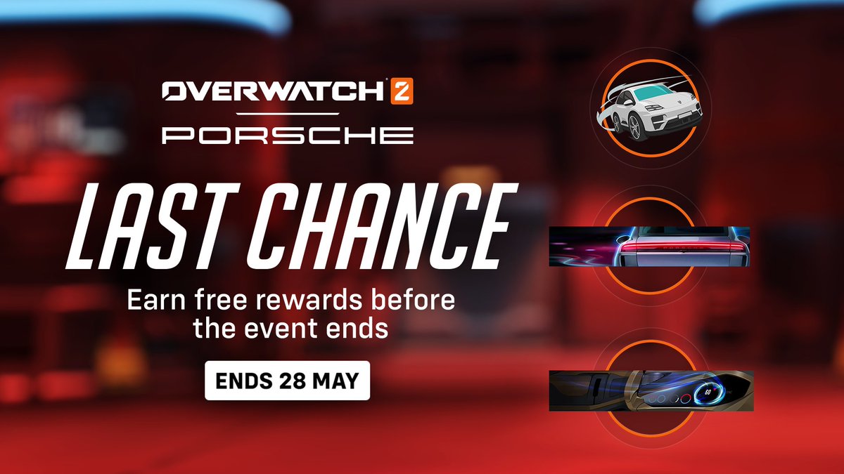 The final lap approaches 🏁 It’s your last chance! Jump into Overwatch 2 | Porsche to earn free rewards before the event ends on 28 May ⏳