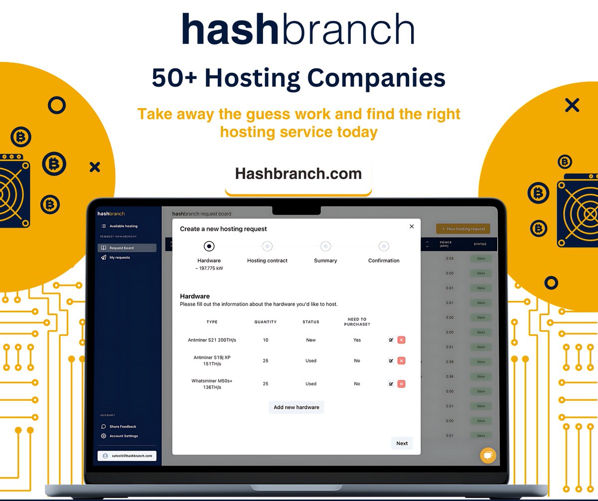 hashbranch's tweet image. 50+ hosting companies at your fingertips, no guesswork needed. Find your perfect mining partner and power up today at hashbranch! 💻🔌

link.hashbranch.com/m 

#MiningHosts #ChooseWisely #Hashbranch