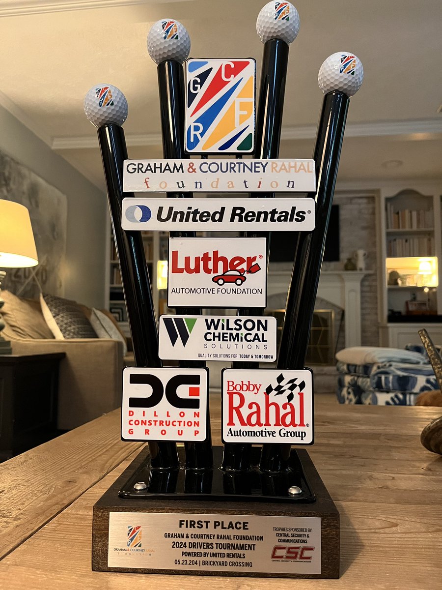 When you know your trophy is from a race car driver’s outing: ✅ it’s loud ✅ it’s got sharp lines ✅ it’s got sponsors World class event from @GrahamRahal today @BrickyardGC. Great time. Indy peeps, make a point of playing next year!