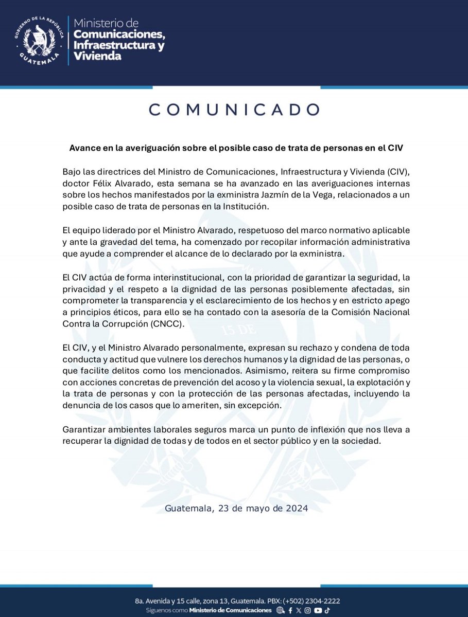 #ComunicadoPrensaCIV📰 El posible caso de trata de personas en el CIV, ha tenido avances en su proceso de indagación. Detalles en el siguiente comunicado ⬇️ @FelixSinExcusas @GuatemalaGob @cncguatemala