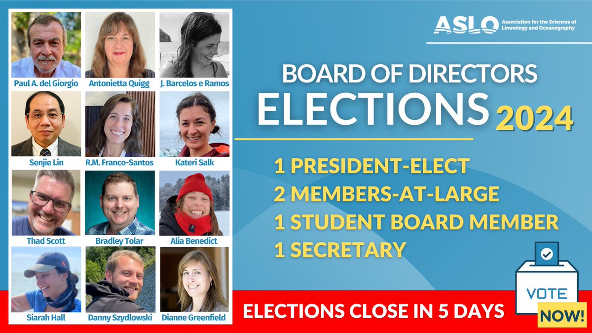 📢 ONLY 5 DAYS! #ASLO members, don't forget that the elections for the Board of Directors end 29 May!
We are hoping for a large voter turnout to express the diverse perspectives and interests of our #aquaticscience community.

🗳️ VOTE TODAY:
aslo.org/vote-in-the-20…