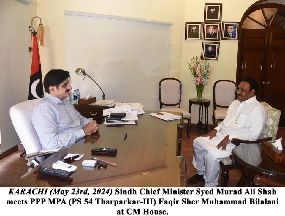 KARACHI (May 23rd, 2024) Sindh Chief Minister Syed Murad Ali Shah meets PPP MPA (PS 54 Tharparkar-III) Faqir Sher Muhammad Bilalani at CM House.

<a href="/BilalaniRaja1/">Raja Bilalani</a> 
<a href="/BilalAhmedPPP/">Bilal</a> 
<a href="/FBilalani/">Faqeer faisal Bilalani</a> 
<a href="/BilalaniSh53702/">Shahkar Bilalani</a>