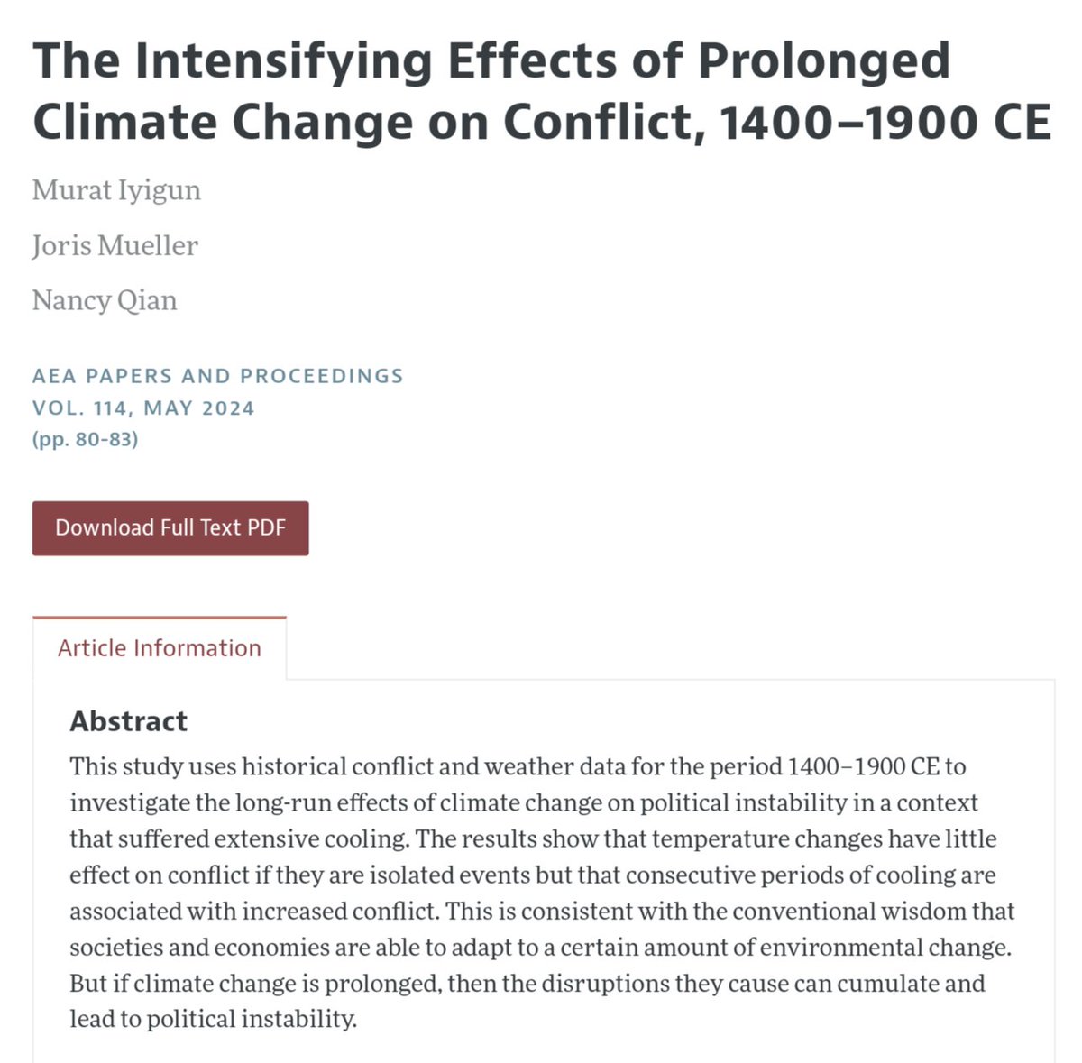 Prolonged periods of climate change lead to political instability and conflict. aeaweb.org/articles?id=10…