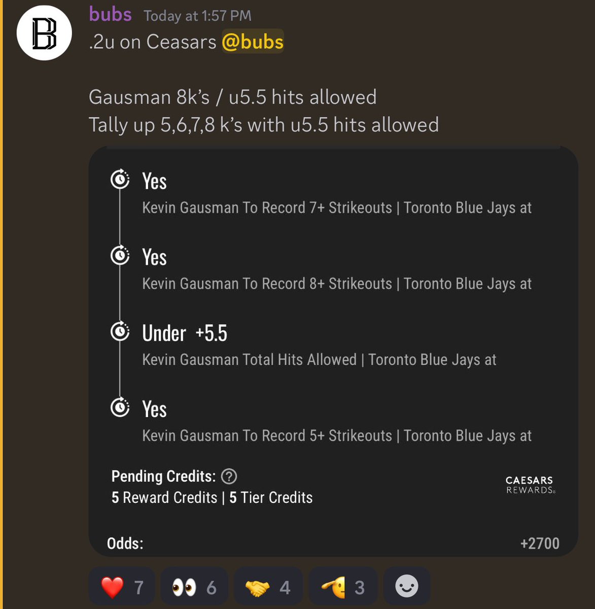 bubs_bets's tweet photo. Gausman masterclass ⛽️ 

+13.08u play 💰 

8 k’s +320 ✅
9 k’s +630 ✅
10k’s +1800 💎 
8k’s/u5.5 HA +2700 💎 💎 

https://t.co/bOgyWo2CVN https://t.co/tVx9n1yFuQ