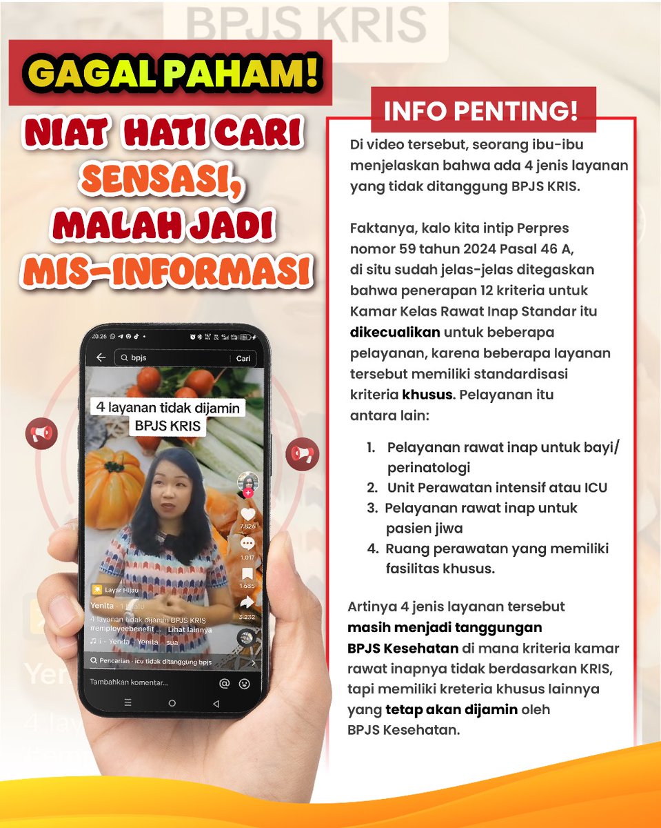 Wah, mari tetap berpikir positif ya teman-teman semua. KRIS itu merupakan solusi yang diberikan Pemerintah untuk meningkatkan pelayanan BPJS bagi pesertanya. Sehingga standarisasi rawat inap itu sama, baik di desa maupun kota. Kelas rawat inap juga masih ada 3.