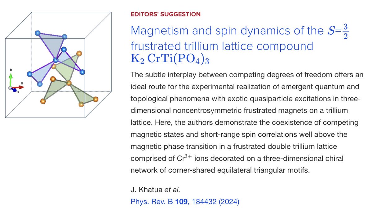 PhysRevB's tweet image. PRB Editors&apos; Suggestion: #Magnetism and #SpinDynamics of the S=3/2 frustrated trillium lattice compound K2CrTi(PO4)3

J. Khatua, S. Lee, G. Ban, M. Uhlarz et al.,
Phys. Rev. B 109, 184432

➡️ go.aps.org/44MHnFM
#EdSugg #physics #condmat @APSPhysics