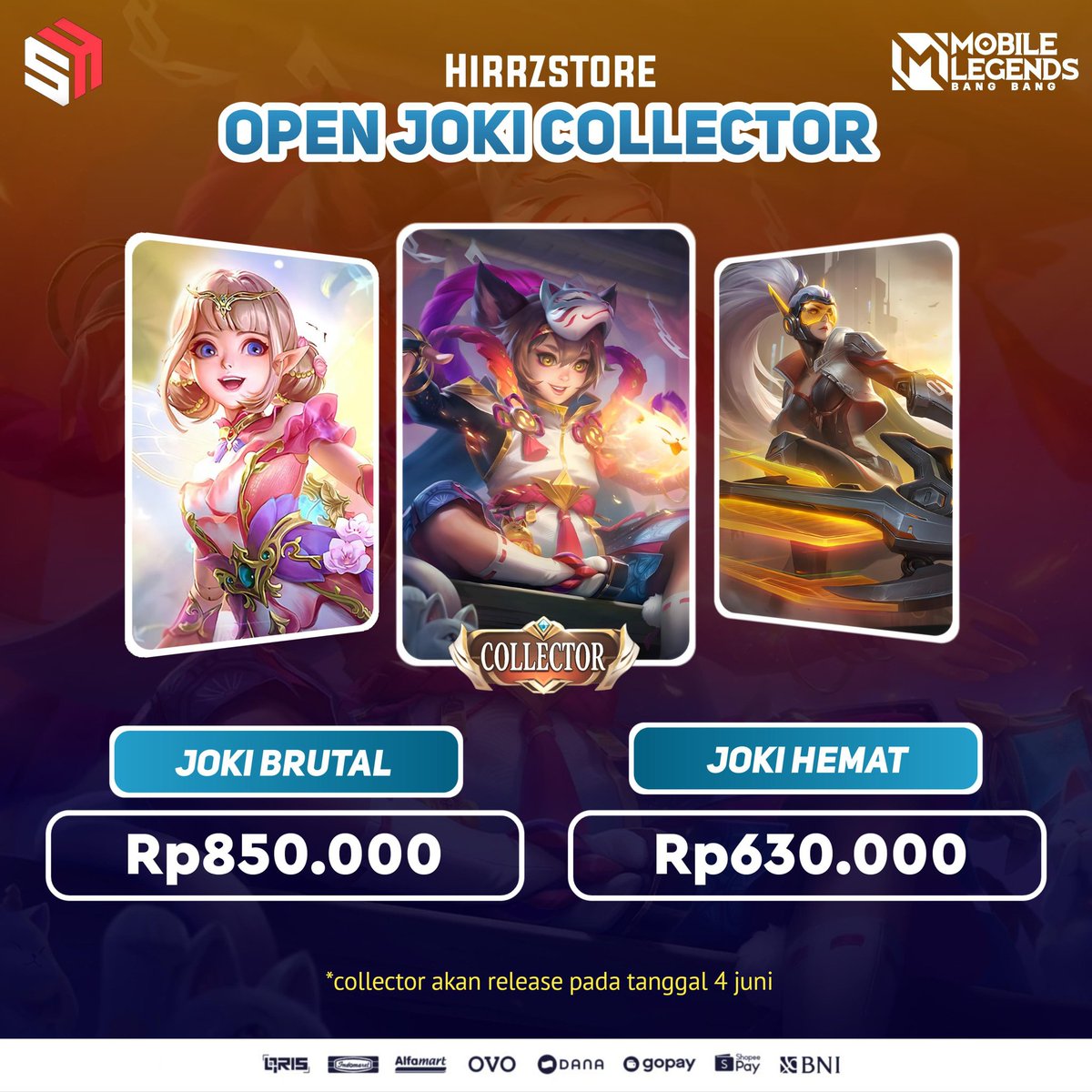 Hirrz Store Open Joki Collector
- aman trusted legal ya
- bisa dp atau sistem nabung
- minat ? DM atau langsung ke bio

bebas pilih salah satu skin collector di bawah

mimin juga lagi ada promo diamond ML via id

340 💎 72.000 saja
cari tau infonya langsung sama mimin

#zonauang