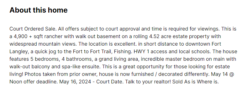 Can anyone shed some light on this court ordered sale in Langley?

Sold $3.5M
Assessed $3.312M
Reported Sale Oct 2021 $4.5M but doesn't show in BC Assessment
Re-Listed Oct 2023 $4.7M

REW does show Mar 2022 sale at $2.25M, which suggests 2 parties split purchase 50/50...

#VanRE