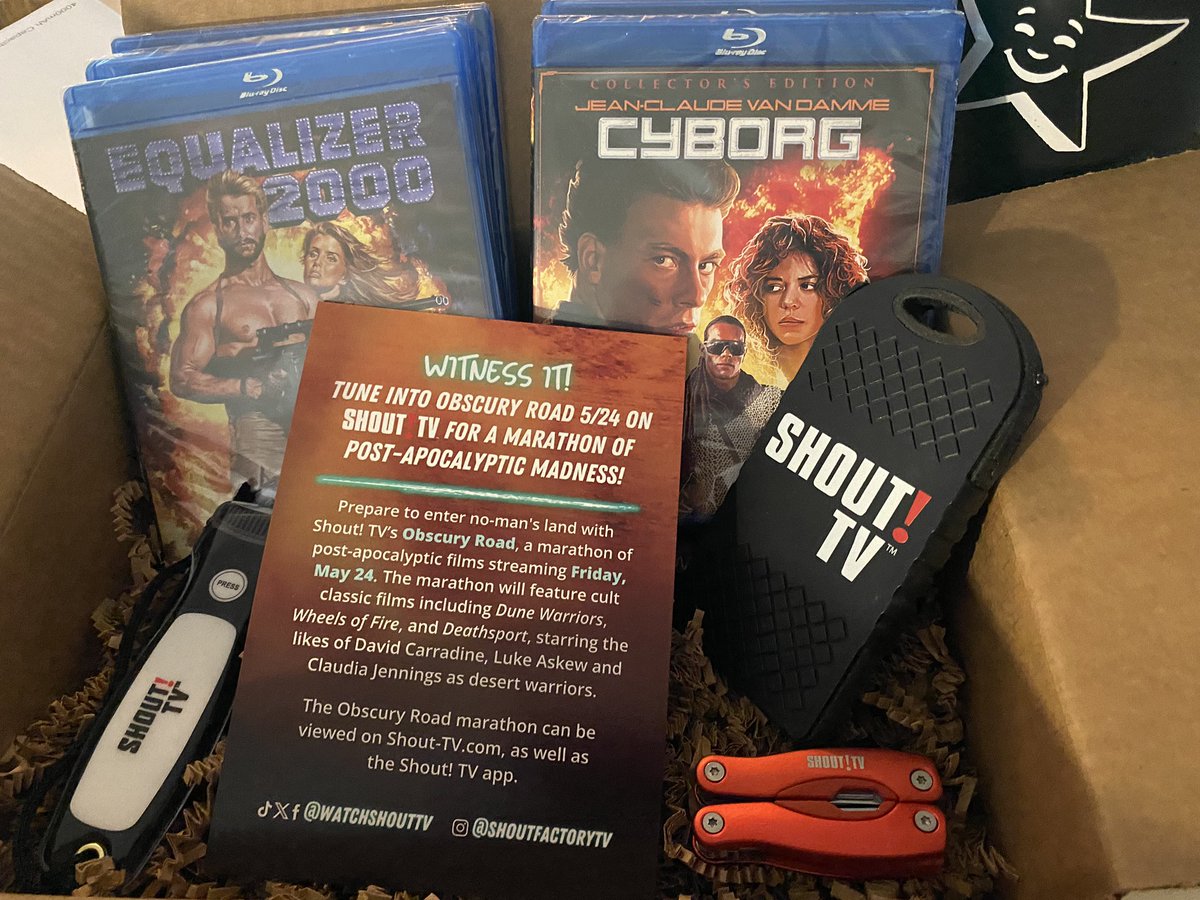 PopCulture's tweet image. Big thanks to the good people at
@watchshouttv for this wicked cool box of post-apocalyptic flicks and survival gear!

Tune in to the Obscury Road streaming event, a marathon of cult classic post-apocalyptic films, streaming Friday, May 24 on #ShoutFactory TV!