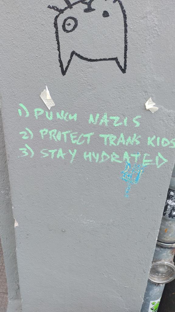 '1) Punch Nazis
2) Protect Trans Kids
3) Stay Hydrated'

Spotted in Berlin