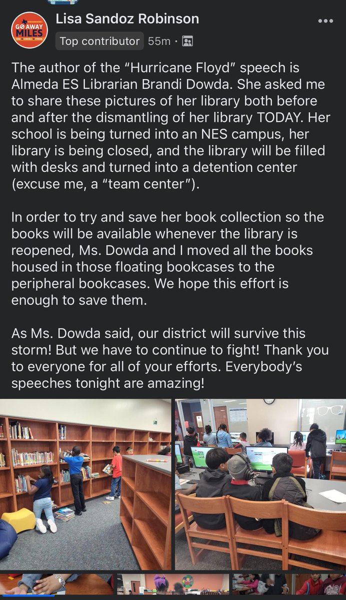 chronMC's tweet image. Here’s some Houston ISD kids dismantling their own library. They might be a little young for it, but you’d like to think there’s a copy of Fahrenheit 451 in there.