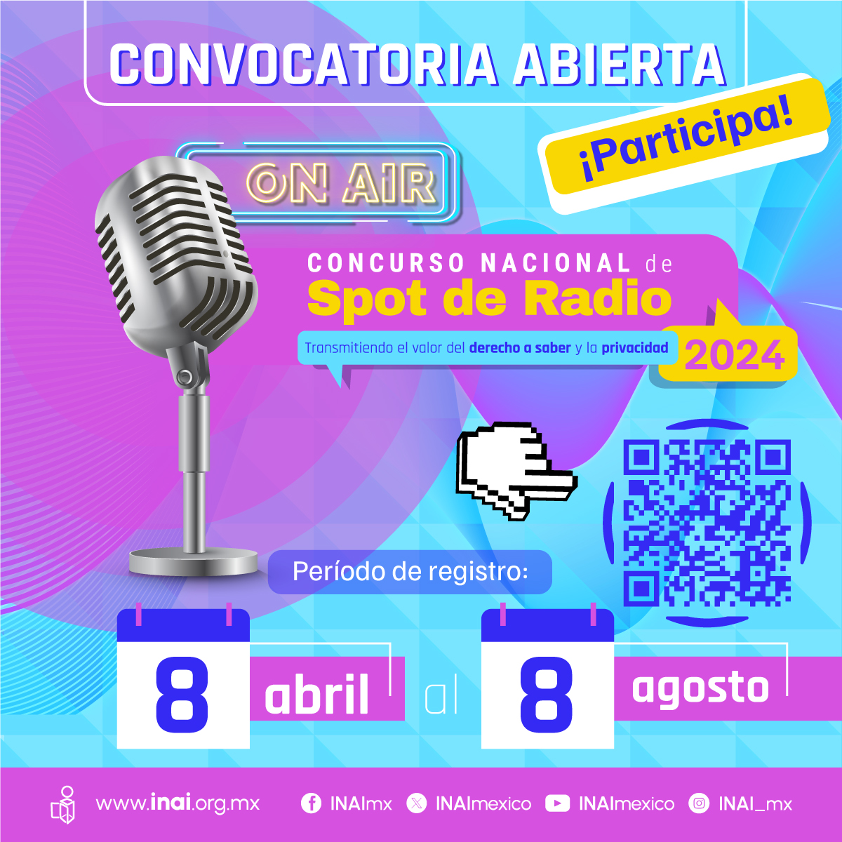 🎙¿Se escucha? Uno, dos, tres 📻 ¡ Ya está abierta la convocatoria del Concurso Nacional de #SpotdeRadio2024! Envíanos un spot donde nos muestres el valor social del ejercicio del derecho a saber y la privacidad. Consulta➕ en concurso.inai.org.mx/spot/