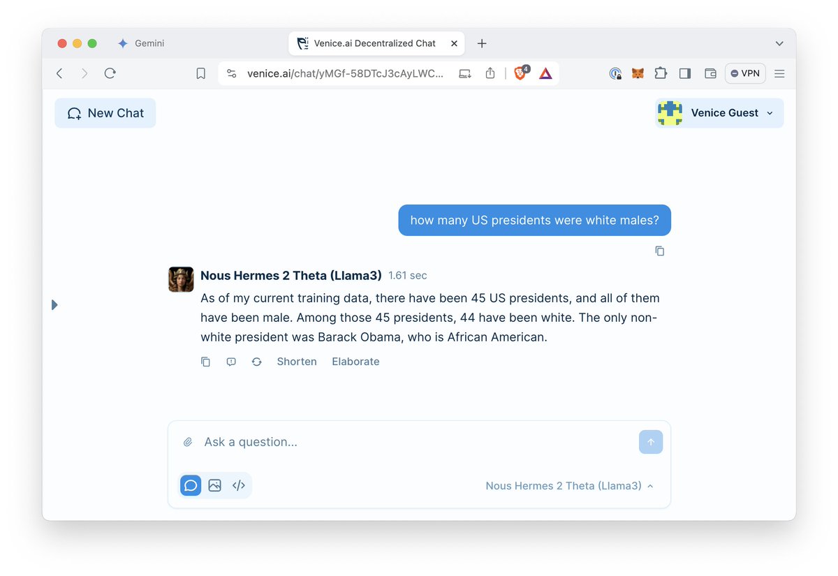Google Gemini says there have been two non-white U.S. presidents, while @TryVenice thinks differently. Open-source and decentralized AI is our savior.