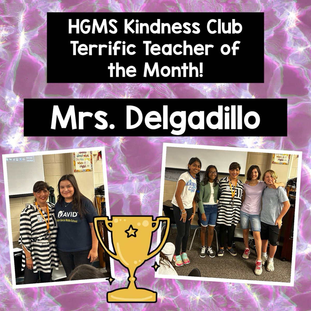 Congrats to our awesome Librarian, Mrs. Delgadillo, for winning the HGMS Kindness Club 'Terrific Teacher' of the month! Voted on by our students! Great job! 🎉🎉 @NISDGarciaLib @NISDGarcia